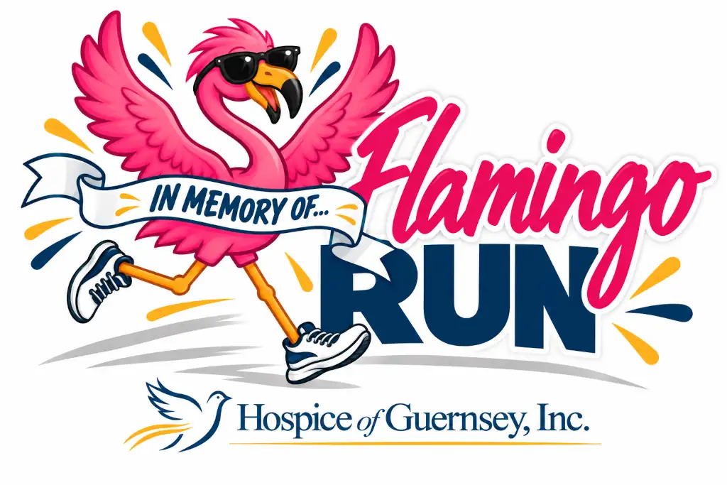 Flamingo Run Logo, a cartoon flamingo wearing sun glasses, crossing a fining line and breaking the tape that reads "In Memory Of"
