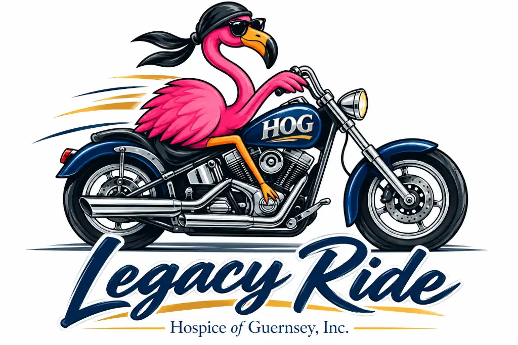 Legacy Ride logo, a cartoon flamingo with sun glasses riding a motorcycle.
