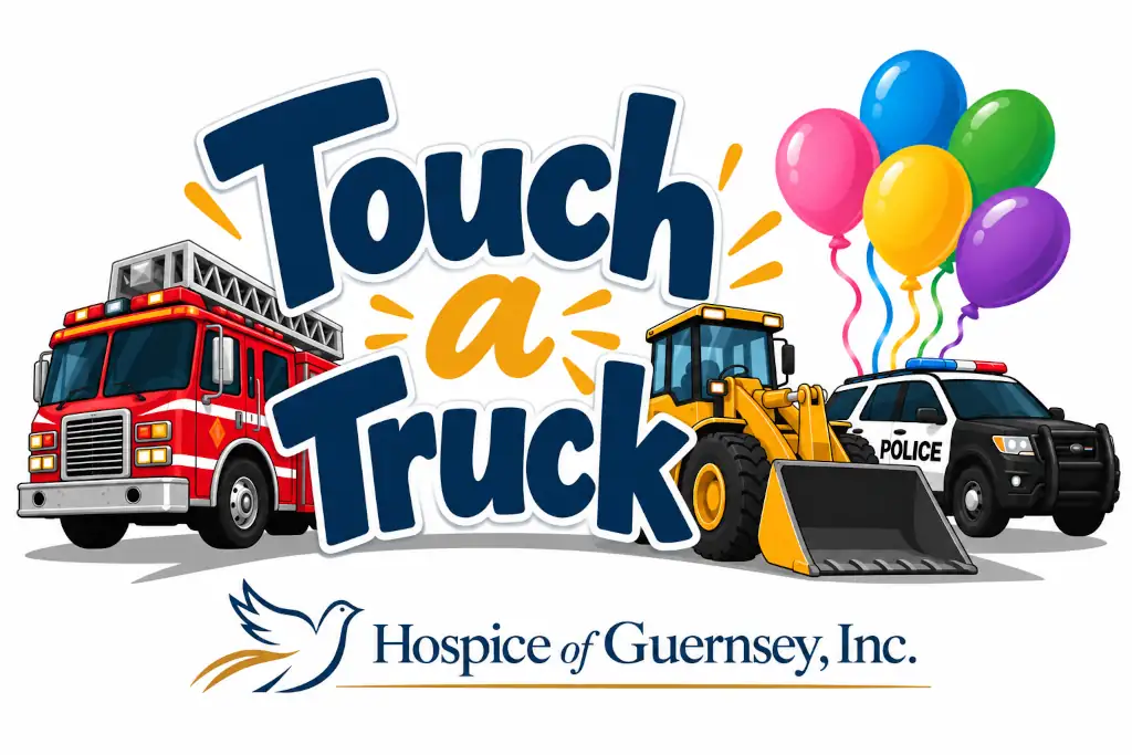 Touch a Truck Logo, with a fire engine, end loader, and police SUV.